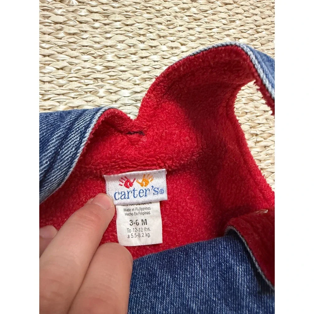 Vintage Carters Denim Fleece Lined Overalls Red Carpenter Baby 3-6M Moose Patch‎